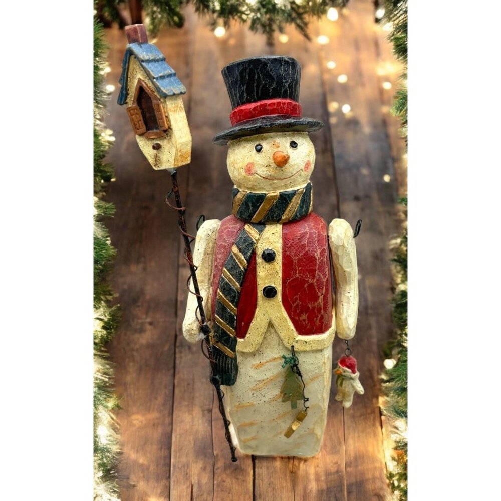 Vintage Rustic Snowman Christmas Figurine with Birdhouse Carved Folk Art Style